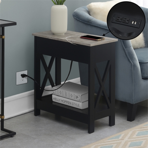 Oxford Flip-Top End Table with Charging Station and Shelf in Black Wood Finish