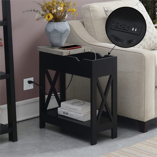 Oxford Flip-Top End Table with Charging Station and Shelf in Black Wood Finish