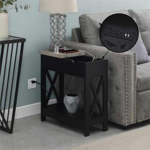 Oxford Flip-Top End Table with Charging Station and Shelf in Black Wood Finish