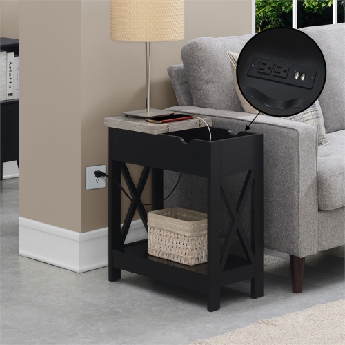 Oxford Flip-Top End Table with Charging Station and Shelf in Black Wood Finish