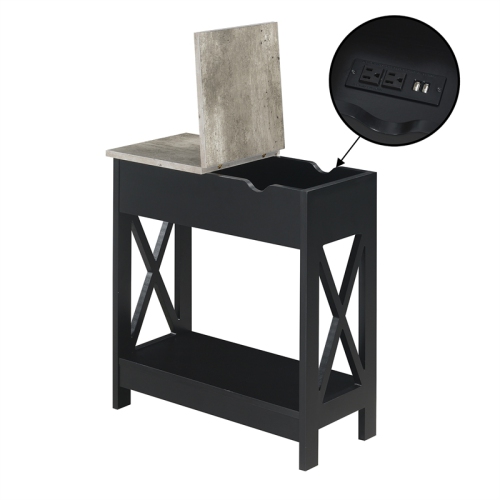 Oxford Flip-Top End Table with Charging Station and Shelf in Black Wood Finish