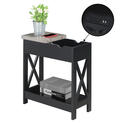Oxford Flip-Top End Table with Charging Station and Shelf in Black Wood Finish