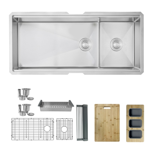 STYLISH  - 42 Inch Workstation 70/30 Double Bowl Undermount 16 Gauge Stainless Steel Kitchen Sink With Accessories Included, S-642W - Grade A