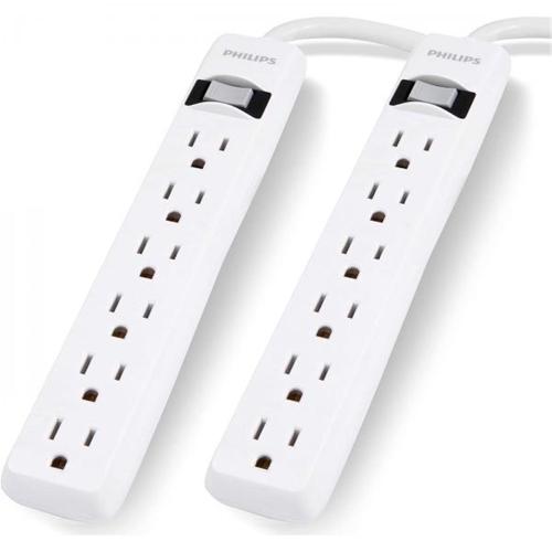 Philips - 2 Pack 6 Outlet Surge Protector, 450 Joule Protection, White
