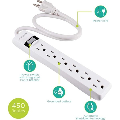 Philips - 2 Pack 6 Outlet Surge Protector, 450 Joule Protection, White
