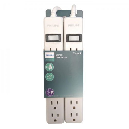 Philips - 2 Pack 6 Outlet Surge Protector, 450 Joule Protection, White