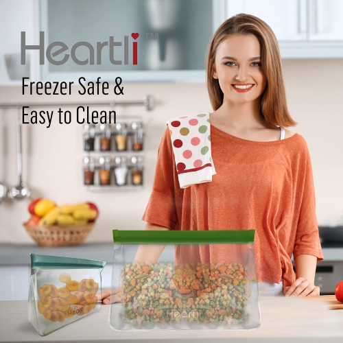 Heartli Eco-Friendly Food Grade Silicone Reusable Stand-Up Food Storage Bags - BPA-Free, Leak-Proof, Freezer Safe For Meat, Fruit, Veggies, Snacks