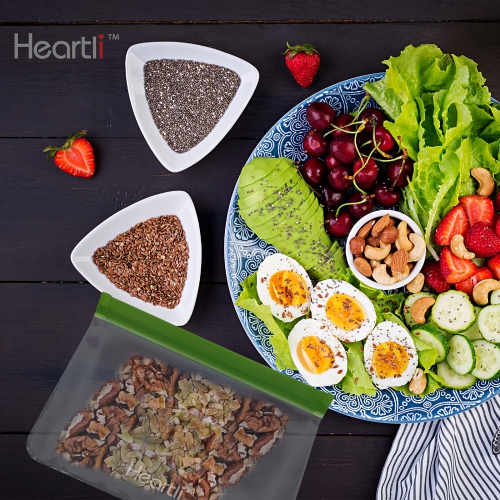 Heartli Eco-Friendly Food Grade Silicone Reusable Stand-Up Food Storage Bags - BPA-Free, Leak-Proof, Freezer Safe For Meat, Fruit, Veggies, Snacks