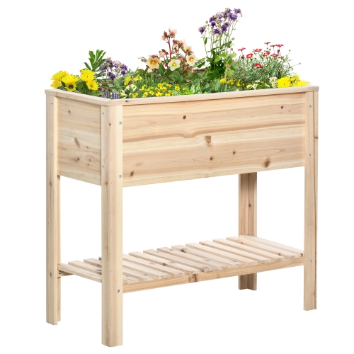 Outsunny Lit de jardin surélevé en bois avec étagère de rangement pour fleurs, légumes et herbes, 36" x 16" x 32", naturel