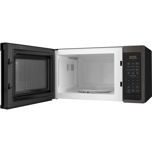 GE 0.9 cu. ft. Space-saver Countertop Oven Microwave, 900 Watts, Kitchen Essentials for the Countertop or Dorm Room - Black Stainless Steel (JES1095BMTS)