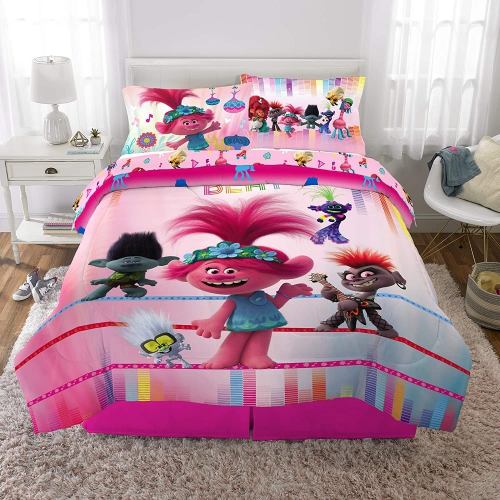 Trolls World Tour - Ensemble de draps Find Your Beat pour enfants - Ensemble de literie double multicolore à imprimé amoureux pour enfants - 4 pièces