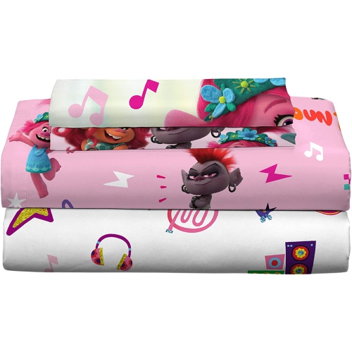 Trolls World Tour - Ensemble de draps Find Your Beat pour enfants - Ensemble de literie double multicolore à imprimé amoureux pour enfants - 4 pièces