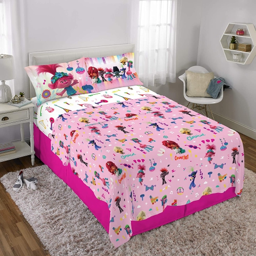 Trolls World Tour - Ensemble de draps Find Your Beat pour enfants - Ensemble de literie double multicolore à imprimé amoureux pour enfants - 4 pièces