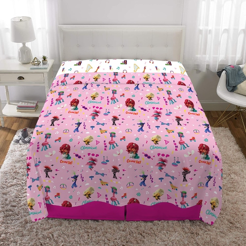 Trolls World Tour - Ensemble de draps Find Your Beat pour enfants - Ensemble de literie double multicolore à imprimé amoureux pour enfants - 4 pièces
