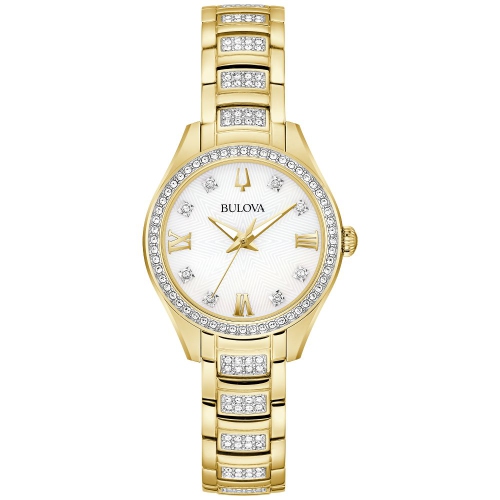 BULOVA  Ladies Crystal Quartz Watch 28.5MM Gold-Tone Stainless Steel Case And Bracelet With Dial (98L306) In White