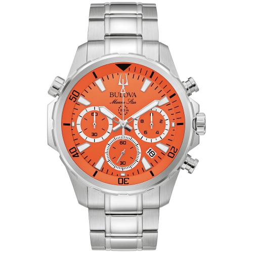 Montre à quartz homme Marine Star de Bulova, 43&nbsp;mm boîtier et bracelet en acier inoxydable argenté et cadran orange