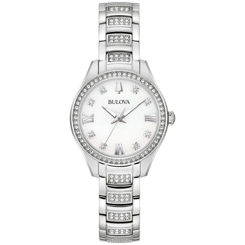 BULOVA  Ladies Crystal Quartz Watch 28.5MM Silver-Tone Stainless Steel Case And Bracelet With Dial (96L311) In White