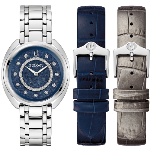 Boîtier et bracelet en acier inoxydable argenté et cadran bleu à quartz double cadran bleu 34&nbsp;mm de Bulova