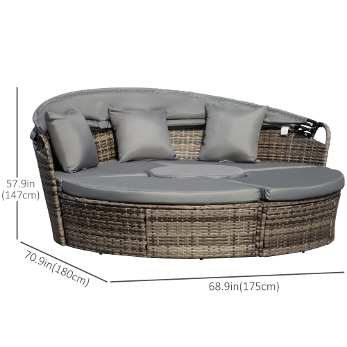 Outsunny 4 Pieces Outdoor Daybed with Retractable Canopy, PE Rattan Wicker Round Sofa Day Bed, Patio Sectional Conversation Furniture Set with
