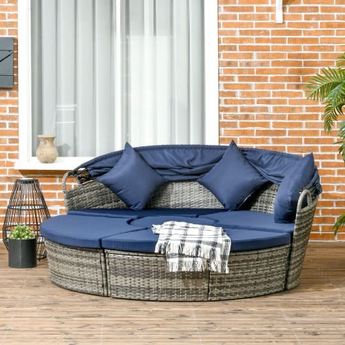 Outsunny 4 Pieces Outdoor Daybed with Retractable Canopy, PE Rattan Wicker Round Sofa Day Bed, Patio Sectional Conversation Furniture Set with