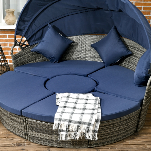Outsunny 4 Pieces Outdoor Daybed with Retractable Canopy, PE Rattan Wicker Round Sofa Day Bed, Patio Sectional Conversation Furniture Set with