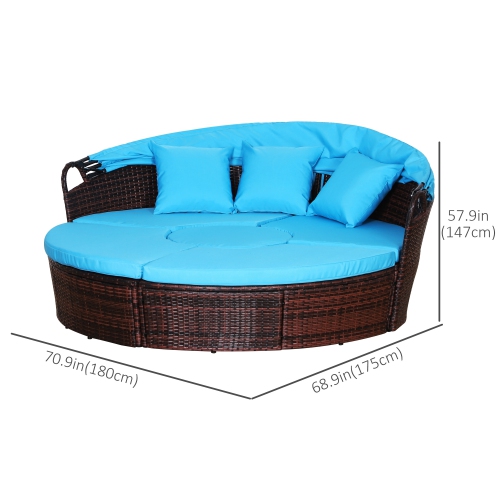 Outsunny 4 Pieces Outdoor Daybed with Retractable Canopy, PE Rattan Wicker Round Sofa Day Bed, Patio Sectional Conversation Furniture Set with