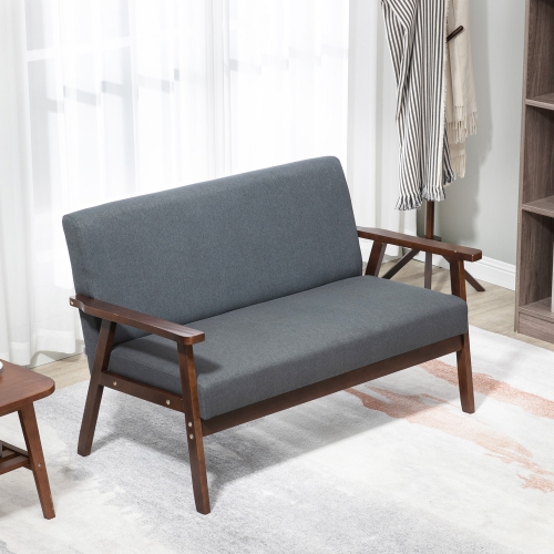 HOMCOM 48" Loveseat Sofa for Bedroom, Modern Love Seats Furniture, Upholstered 2 Seater Couch with Rubber Wood Legs for Living Room, Dark Grey