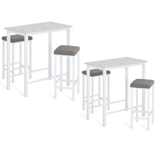 HOMOOI Two 3-Piece bar Table and Chairs Set, 2 Pack Faux Marble Kitchen Table Set with 4 Backless Stools, White