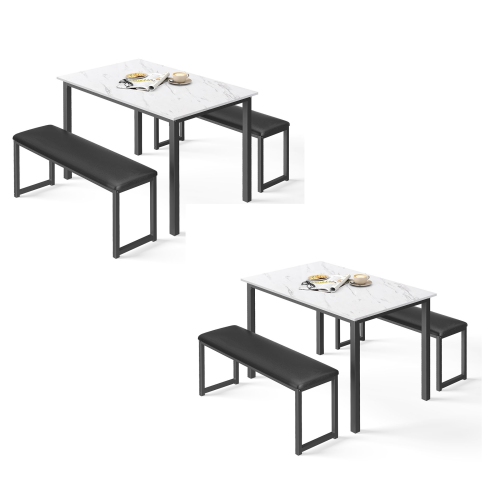 HOMOOI Two 3-Piece Dining Table Set, 2 Pack Kitchen Marble Table Set with 4 Faux Leather Cushioned Benches, White