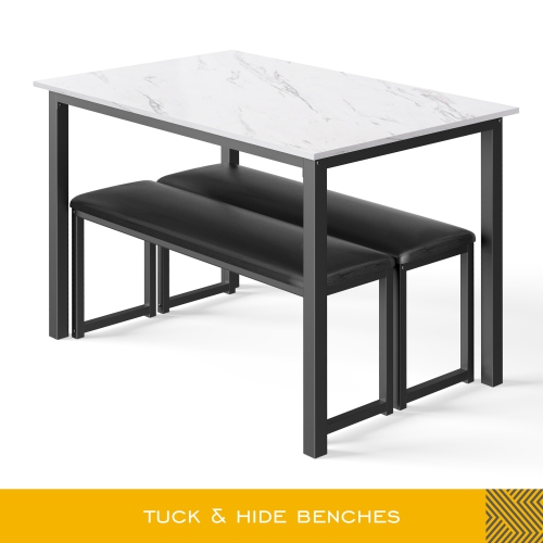 HOMOOI Two 3-Piece Dining Table Set, 2 Pack Kitchen Marble Table Set with 4 Faux Leather Cushioned Benches, White