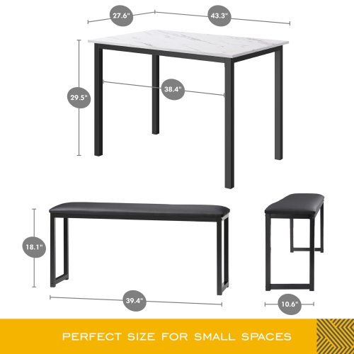 HOMOOI Two 3-Piece Dining Table Set, 2 Pack Kitchen Marble Table Set with 4 Faux Leather Cushioned Benches, White