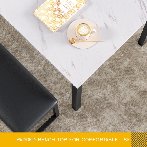 HOMOOI Two 3-Piece Dining Table Set, 2 Pack Kitchen Marble Table Set with 4 Faux Leather Cushioned Benches, White