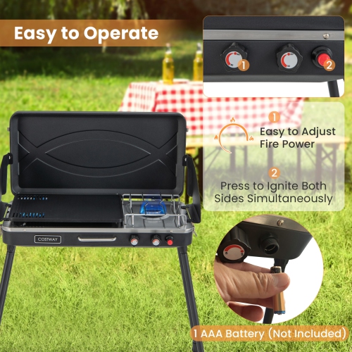 Costway 2-in-1 Propane Grill 2 Burner Camping Gas Stove Portable w/ Removable Leg