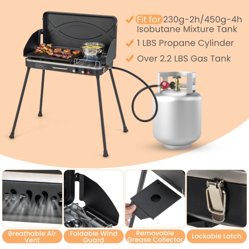Costway 2-in-1 Propane Grill 2 Burner Camping Gas Stove Portable w/ Removable Leg