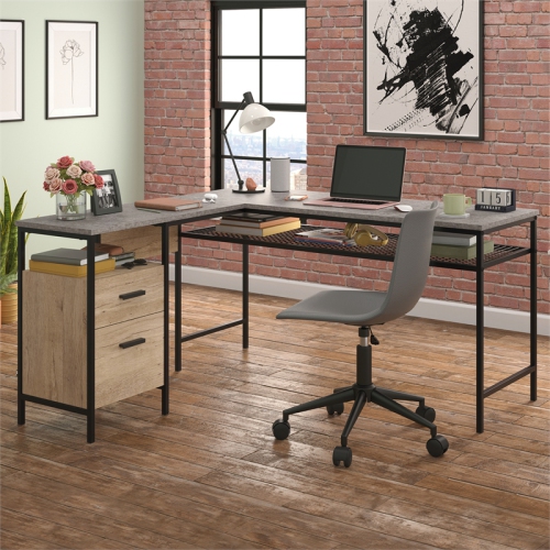 Sauder Market Commons Engineered Wood/Metal L-Desk in Prime Oak