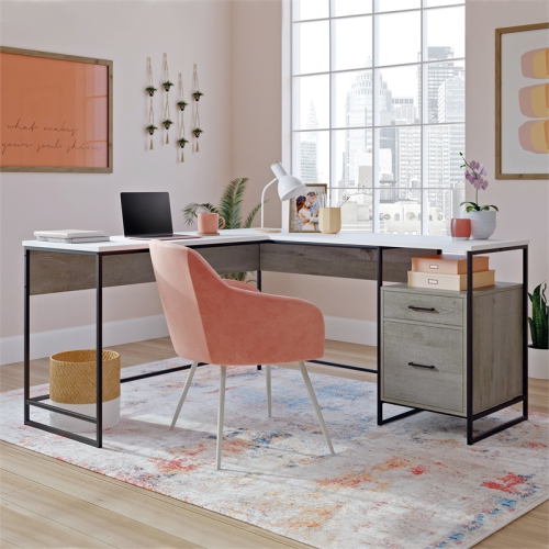 Sauder Tremont Row Engineered Wood/Metal L-Desk in Mystic Oak