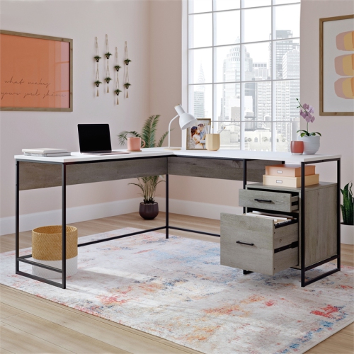 Sauder Tremont Row Engineered Wood/Metal L-Desk in Mystic Oak