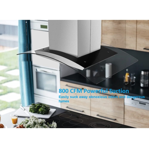 Vertrons 30 inch Tempered Glass Island Mount Range Hood, 800 CFM Ducted Exhaust Vent, Touch Control Panel, 4 Speed Fan, 2 pcs Baffle Filters, Auto