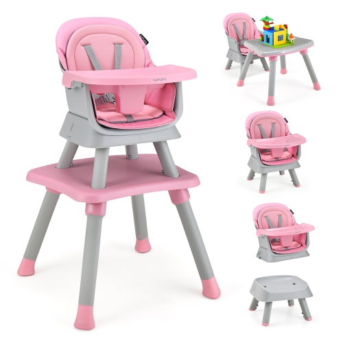 Babyjoy 8-in-1 Baby High Chair Convertible Dining Booster Seat with Removable Tray Grey/Pink/Yellowith Strip