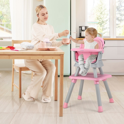 Babyjoy 8-in-1 Baby High Chair Convertible Dining Booster Seat with Removable Tray Grey/Pink/Yellowith Strip