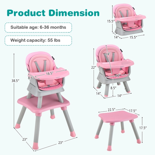 Babyjoy 8-in-1 Baby High Chair Convertible Dining Booster Seat with Removable Tray Grey/Pink/Yellowith Strip