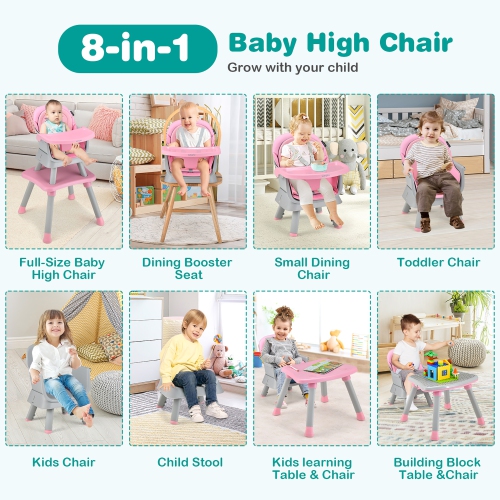Babyjoy 8-in-1 Baby High Chair Convertible Dining Booster Seat with Removable Tray Grey/Pink/Yellowith Strip