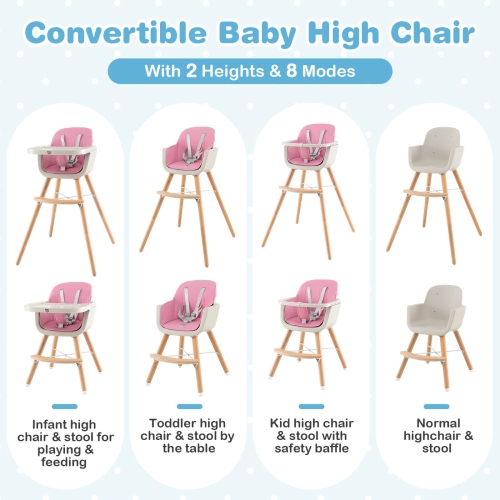 Costway 3 in 1 Convertible Wooden High Chair Baby Toddler Highchair w/ Cushion