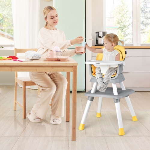 Babyjoy 8-in-1 Baby High Chair Convertible Dining Booster Seat with Removable Tray Grey/Pink/Yellowith Strip