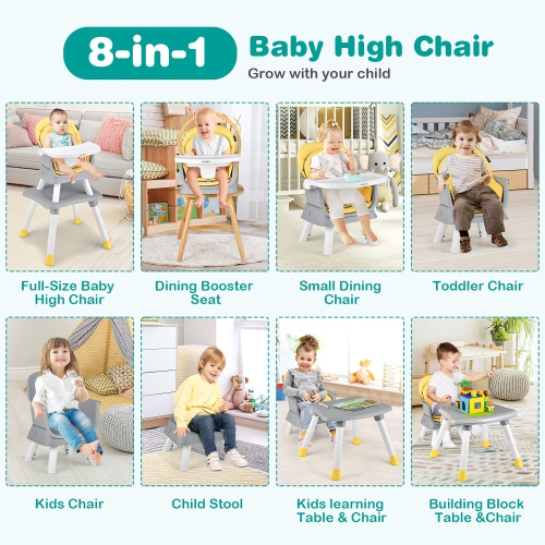 Babyjoy 8-in-1 Baby High Chair Convertible Dining Booster Seat with Removable Tray Grey/Pink/Yellowith Strip
