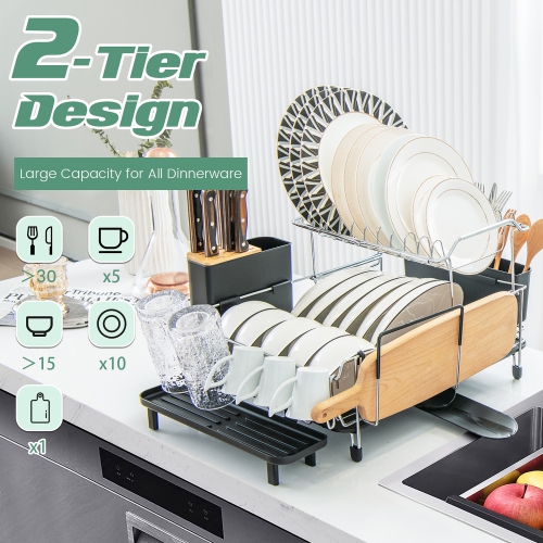 Costway 2 Tier Dish Drying Rack Rustproof Dish Rack and Drainboard Set Kitchen Counter