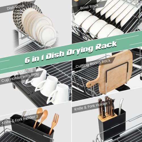 Costway 2 Tier Dish Drying Rack Rustproof Dish Rack and Drainboard Set Kitchen Counter