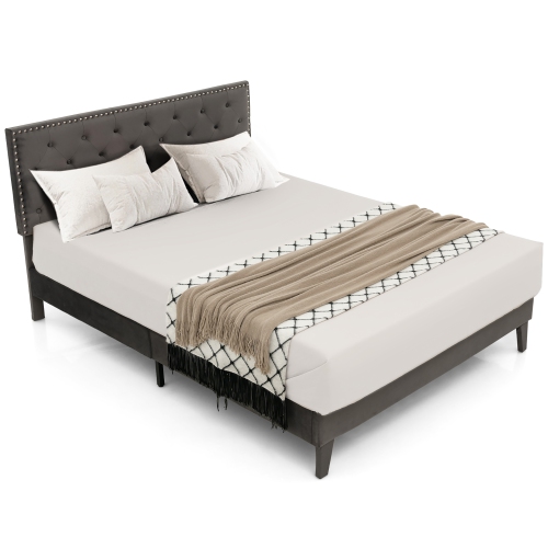 COSTWAY  Queen Bed Frame Upholstered Platform Bed With Tufted Headboard Mattress Foundation