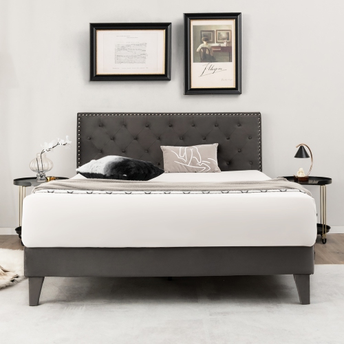 Costway Queen Bed Frame Upholstered Platform Bed with Tufted Headboard Mattress Foundation