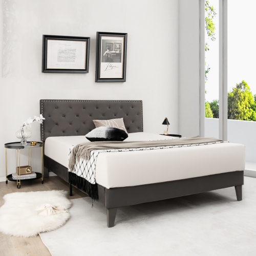 Costway Queen Bed Frame Upholstered Platform Bed with Tufted Headboard Mattress Foundation